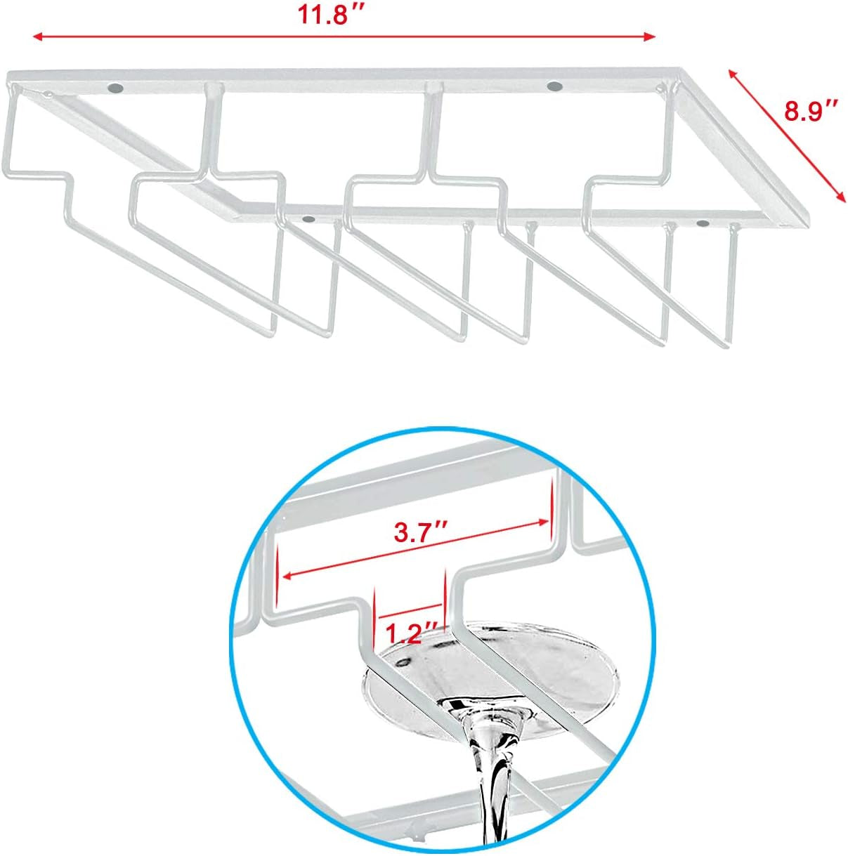 Wine Glass Rack, 3 Rows, White, under Cabinet, Stemware Hanger, 1 Pack